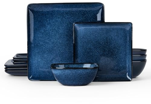 E-far Square Plates and Bowls Sets, 12-Piece Stoneware Dinnerware Sets for 4, Reactive Glaze Dish Set, Chip and Scratch Resistant, Microwave and Dishwasher Safe, Deep Sea Blue
