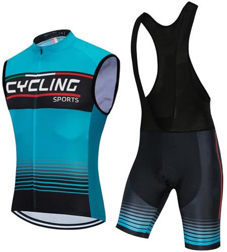 Maillot Cyclisme Homme Tenue de Cycliste Été,Vêtements de Velo VTT sans Manches MTB Gilet et Cuissard à Bretelle avec 19D Coussin Gel,Ensemble Combinaisons de Cycling Respirant Séchage Rapide(9,L)