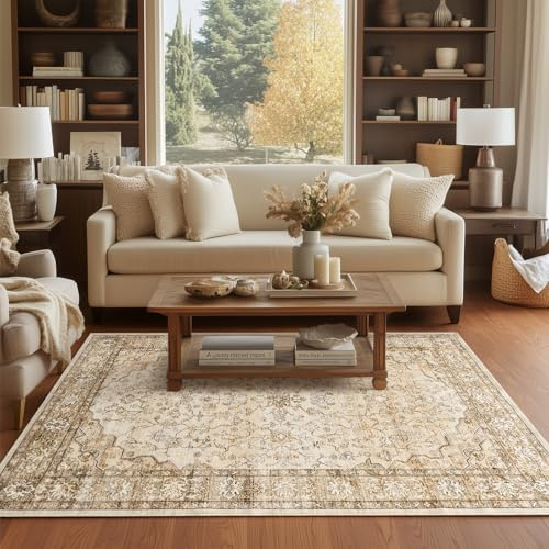 Topfinel Rugs Living Room Large 160x230cm, Boho Beige Rug for Bedroom Dining Room, Washable Faux Wool Short Pile Non-Slip Area Rug