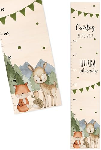Bärenfreunde® - Personalisierte Messlatte Kind Holz zum Kleben oder Aufhängen - Skala 70-140cm - Süße Dekoration für Baby- & Kleinkinderzimmer (Kinder 70-140cm, Waldtiere Berge Bäume)