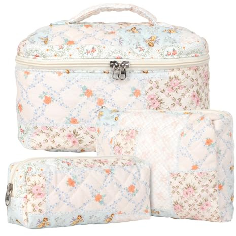 3pcs Reisekosmetiktasche Set, Baumwolle Gesteppte Blumenmuster Tasche, Make-up Bag für Kinder