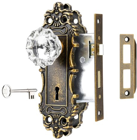 ToPToToo Mortise Lock Set for Interior Door, Antique Brass Door Knobs with Lock and Skeleton Key, Vintage Door Handle Lock Replacement for Interior Doors, Antique Brass Finish