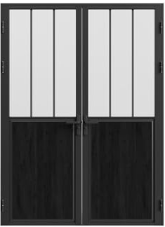 Vente-unique-Puerta de doble hoja reversible de aluminio y vidrio templado esmerilado tipo taller - 2 x Alt. 204 x L73 cm - Negro - ERMELO