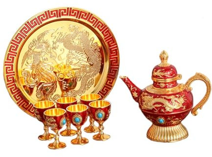JISADER Juego de cafetera turca, Juego de Jarra de Copa de Vino, decoración del hogar, Juego de decantador de Vino, Juego de Servicio de Alcohol para Mesa de, Rojo Dorado