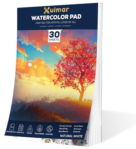 Xulmar Watercolour Paper Pad - A4 x 30 Sheets, 300 GSM Cold-Pressed 100% Acid-Free pulpwood Material | Natural White, Glue-Bound for Watercolor Painting