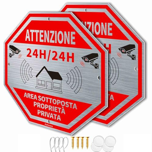 Cartello area videosorvegliata 24H per ragioni di sicurezza in Alluminio, 2 CCTV Cartello Cm 20 x 20, Cartelli videosorveglianza per negozio e proprietà privata lunga durata (Proprietà privata)
