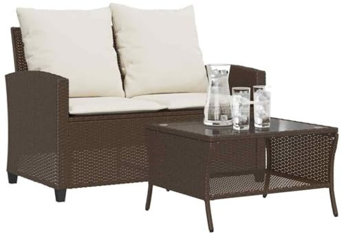 LAPOOH Gartensofa 2-Sitzer mit Kissen & Tisch Braun Poly Rattan, Gartenlounge, Garden Sofa, Balkonmöbel, Gartenmöbel, Loungemöbel - 4103846