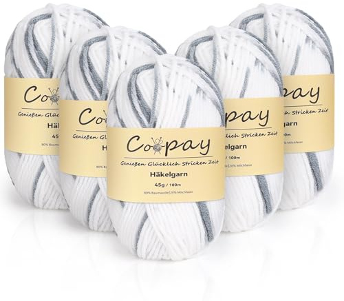 Coopay Wolle zum Häkeln, 5 x 45g Farbverlauf Häkelgarn, 5-Fädig Wolle zum Stricken, Weicher Häkelgarn Mehrfarbig, Bunt Garn zum Stricken Häkeln, Schönes Acrylgarn für Anfänger,Weiß Grau