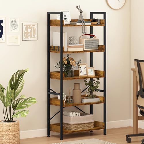 DWVO Hohes Bücherregal mit 5 Ebenen, bodenstehendes industrielles 64 cm breit, 160 cm hoch, großes Holzregal und Metallregal für Wohnzimmer, Zuhause, in Eichenfarbe