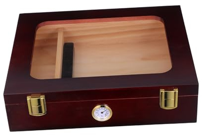 CALLARON Zigarren Feuchtigkeitsbox mit Glasplatte, Braun | Humidor für 25 Zigarren, mit Hygrometer und Luftbefeuchter, mit Trennwand und Klappdeckel
