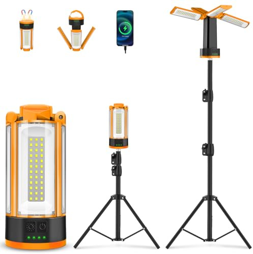 T-SUN 10400 mAh Faretto da Cantiere LED Ricaricabile con Treppiede, Lampada da Lavoro con 4 Modalità, Lampada da Campeggio a 4 teste, Luce da Lavoro per cantiere, garage, campeggio(Arancione)