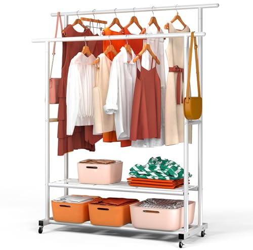 VOUNOT® Burro Ropa Resistente, Perchero Burro Metálico Doble Barra con Ruedas y 2 Estantes Inferiores, Organizador Móvil de Ropa con Zapatero, Colgador para Dormitorio y Vestidor, 120x40x146 cm Blanco