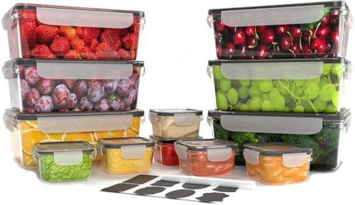 Clasy Home Boîtes de Conservation Alimentaire Hermétiques en Plastique – Lot 12 Boîtes Étanches Sans BPA – Compatibles Micro-ondes et Lave-Vaisselle – Étiquettes & Marqueur Inclus (12 Pcs)