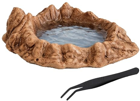 JINYOND Reptile Water and Food Bowl with Feeding Tweezers Volcanic Rock Style Cement Feeding Dish for Bearded Dragon Leopard Gecko Lizard and Snake Non-Tip Terrarium Decor Landscape Accessory (Brown)