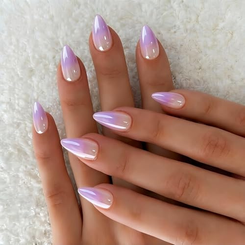 KQueenest Chrome Ombre Lilac Press on Nails Short Almond, Glazed Cute False Nails with Sparkle Mirror Design, Shiny Glitter Fake Nails Stiletto, Gradient Nude Artificial Nail Press ons 30 Pcs