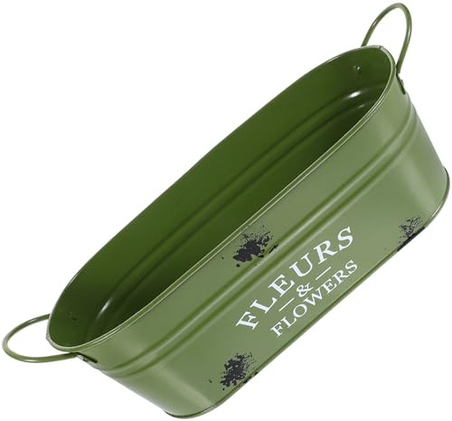 Garneck Maceta Ovalada de Metal Vintage Verde, Macetero de Hierro Doble Asa, Decoración para Suculentas y Plantas Pequeñas, Recipiente Floral para Jardín Interior y Exterior, 1 Pieza