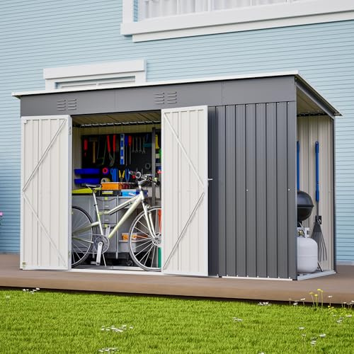 FammyLoft Gartenhaus Metall, 311 x 123 x 181cm, Garten Geräteschuppen Metall, Gerätehaus mit Zwei-Tür-Zugang & Belüftung, Gartenschrank Wasserdicht für Outdoor, Inkl Metallfundament, Grau