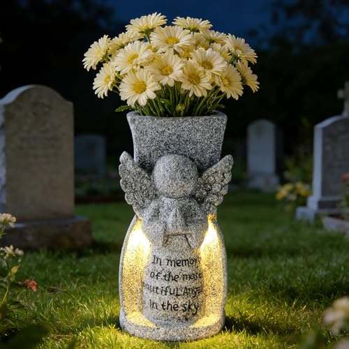 Solar Engel Grabvase mit LED Beleuchtung Resin Grabdekoration Blumenhalter für für Grabstein, Grab, Friedhof, Garten, Rasen, Hof Dekorationen Beileid Geschenk & Trauer Deko