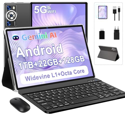 2026 Último Tablet 10 Pulgadas Android, 22GB RAM + 128GB ROM (TF 1TB), Octa-Core 2.0GHz, 5G WiFi, GMS, Widevine L1, 5MP+8MP, 1280*800 Pixels, Bluetooth 5.0, Tableta con Funda, Ratón & Teclado - Negro