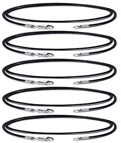 Wunionup Black Natural Leather Necklace Chain - Genuine Cord Chain with Lobster Claw Clasp Wholesale Lot (5pcs / Pack) 15''