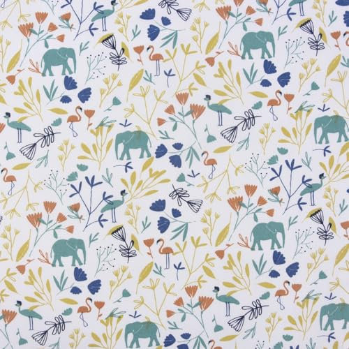 SCHÖNER LEBEN. Baumwollstoff JINJUA Elefant Flamingo Vogel Blumen weiß türkis gelb o