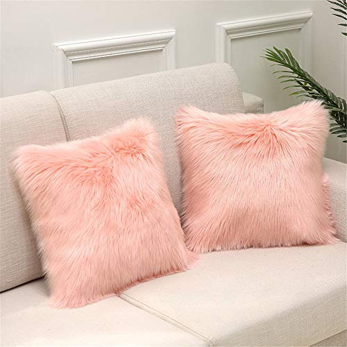 Martin Kench 2PCS Kissenbezug Kunstfell Reißverschluss Kissenhülle Kissenbezüge Fellkissen Sofakissen Fell Bezüge Kissen Hülle Sofa Deko Hüllen (Garnelen rosa,50 * 50cm)