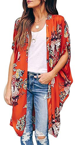 Ivay Womens Floral Kimono Duster Cardigans Short Sleeve Draped Oversized Beach Cover Up Cape
