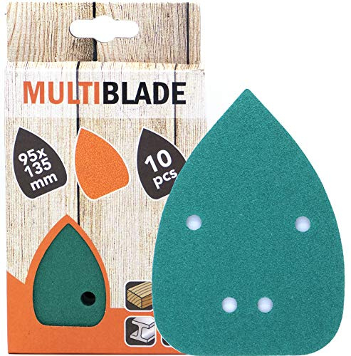 Multiblade Hoja de lija profesional con velcro, 95 x 135 mm, 10 unidades, grano 220, 4 agujeros, para madera y metal, calidad profesional, para lijadora delta