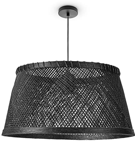 Paco Home Deckenlampe Bambus Hängeleuchte Boho Wohnzimmer Hängend Natur Korblampe Vintage E27 Retro 1,5m Textilkabel, Lampenart:Pendelleuchte - Typ 3, Leuchten Farbe/Größe: Schwarz (Ø42 cm)