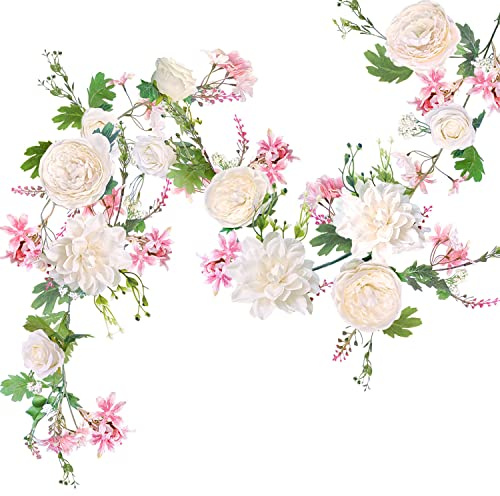 Peony Flower Garland, 180cm, Rose Garland Artificial Flowers, Artificial Flower Garlands for Weddings Home Table Runner Mantle Party Decorations (Champagne Peony Garland)