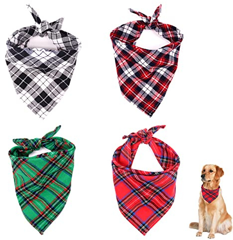 4 Pcs Dog Bandana Plaid Bibs Scarf Soft Dog Bandanas Classic Plaid Washable Reversible Adjustable Triangle Dog Scarf Bow Ties for Pets and Cats