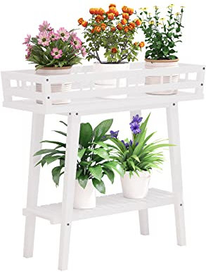 unho Piedistallo per Piante interno: Bianco con 2 Ripiani Piedistallo per Piante da esterno in Legno massiccio Colonna Portavaso Fioriera 74x27x69cm