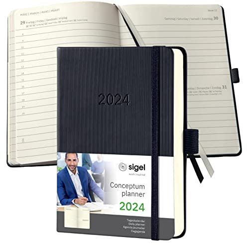 SIGEL C2411 Terminplaner Tageskalender 2024, ca. A6, schwarz, Hardcover, 400 Seiten, Gummiband, Stiftschlaufe, Archivtasche, PEFC-zertifiziert, Conceptum