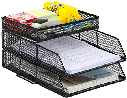 EasyPAG 2 Tier A4 Mesh in Trays Stackable Office Desk Tidy File Holder Magazine Storage Paper Document Letter Organiser with Top Stationery Holder,Black