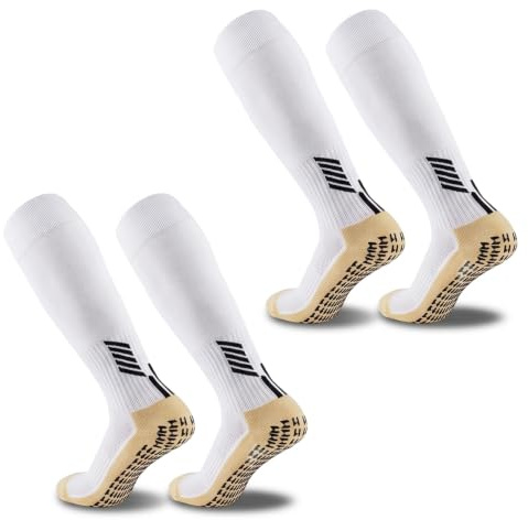 FIBOGOUP Calcetines Medias futbol | Niños adultos de tamaño universal| Suaves, Antideslizantes | Soporte para Tobillo y Pie | Perfectos, Transpirables | Tiro de balón perfecto. 2 pares de blancos