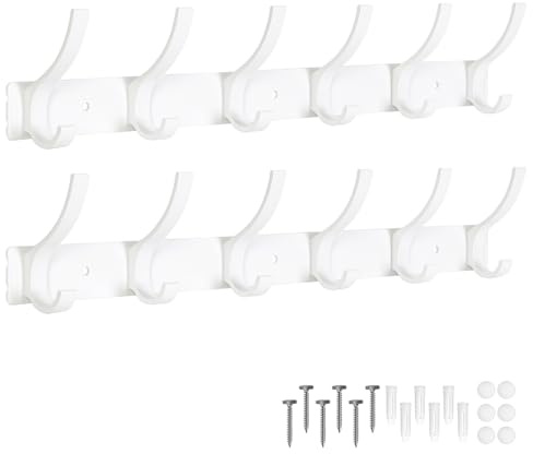 Optish Coat Rack Wall Mount, Coat Hook Wall Mount, Wall Hooks for Hanging, Hat Rack for Walls, Coats Hanger with 12 Hook, Towel Hooks for Bathrooms (2 Pack, White)
