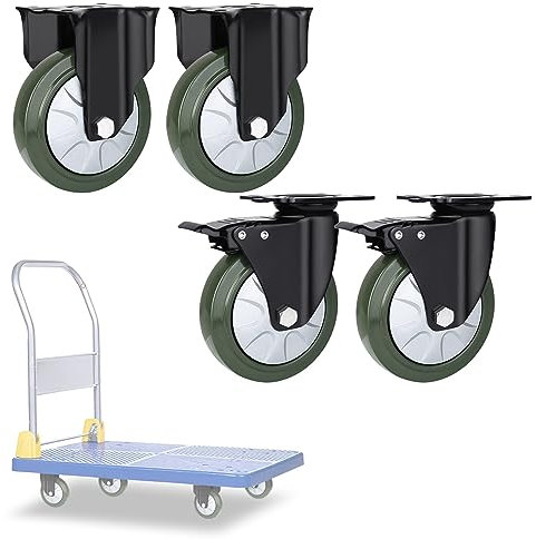 Transportrollen Schwerlastrollen 4er SET 75mm 100mm 125mm 150mm, 360°Drehbar Pannensichere Leise Doppelte Kugellager Möbelrolle, Vollgummi Ersatzrollen Mit Bremse & Metallplatten ( Color : Fixed+Brake