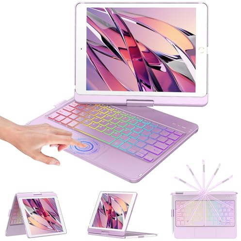 KBCASE Custodia per iPad di 9a generazione con tastiera girevole a 360° per iPad 9a/8a/7a generazione 10,2 2021, custodia per tastiera Bluetooth wireless con retroilluminazione a 7, layout UK