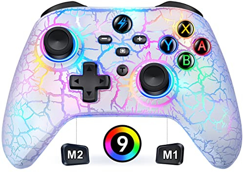 HASACOOL Switch Pro Manette avec 2 boutons arrière macro programmables/lumières design fissurées, 1000 mAh pour Switch/Lite/OLED, compatible avec Android/iOS/PC (blanc)