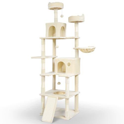 VOUNOT® Árbol Rascador para Gatos Gigante Altura 215 cm, Torre de Gatos Multiniveles, Rascador de Escalada Estable para Gatos Adultos Mascotas con Postes de Sisal Plataformas Cuevas Cestas Rampa Beige