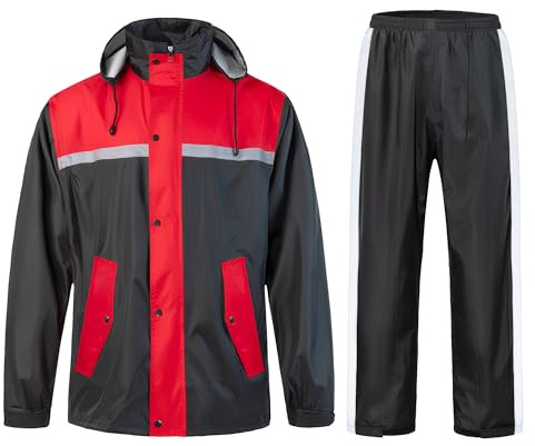 KTWOLEN Traje de Lluvia Reflectante Impermeable Traje de Agua para Hombre Completo Conjunto de Chaqueta y Pantalón de Lluvia Ropa de lluvia de Alta Visibilidad, Rosso, M