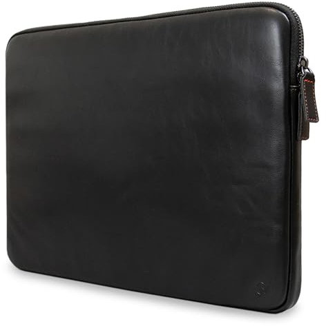 Äkta läder laptopväska med dragkedja, innerficka och ullfoder, kompatibel med Apple MacBook, HP Dell, Asus, Lenovo 14 tum, svart