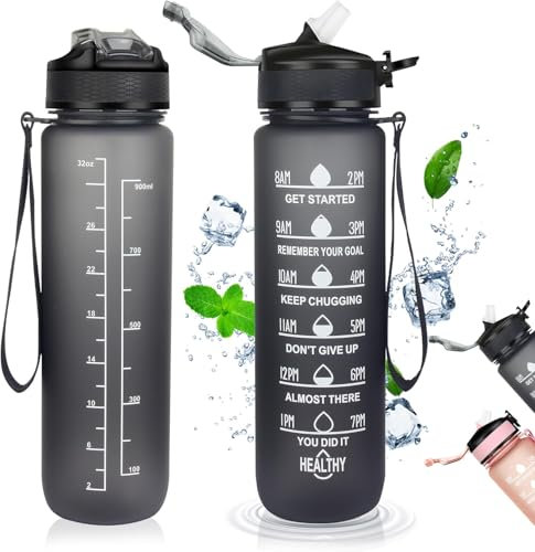 Avyli Sports Water Bottles, 1L, BPA Free, Leak Proof, Tritan Plastic, with Time Marker and Straw, for Gym, Outdoor, Running, Cycling, Hiking (Black)