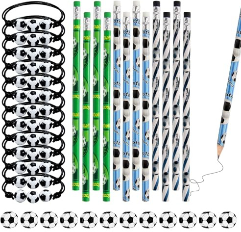 XIAQICA Fußball Mitgebsel Set Kinder 12 Fußball Bleistifte + 12 Radiergummi Fussball +12 Einstellbare Fußball Gewebte Armband für Jungs Kindergeburtstag Gastgeschenke Schule Fußball Themen