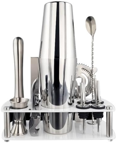 CHFYIJYHM Coctelera de 750 ml, con doble jigger, soporte de exhibición, kit de cócteles, excelentes juegos de regalo de cócteles for el hogar, bar, fiesta, Navidad, Acción de Gracias(750ML With Stand)