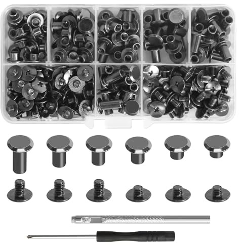 110 Piezas Tornillos de Chicago, M5*4/6/8/10/12mm Tornillos Chicago Tornillos de Encuadernación con Destornillador, Remaches de Tornillo para Cuero de Bricolaje Libro Cinturón de Cuero