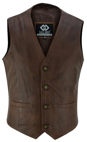 Gallanto Leather Waistcoat for Men – Buttoned Soft Sheep Skin Waistcoats, Fashion Designer Vests, Motorbike Clothing for Bikers, Men’s Christmas Gifts, Cowboy Outfits
