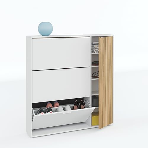 habeig Moderner Schuhschrank mit 3 Klappen Und Seitenschrank #7819, 112x105x24 cm, Weiß mit Holzdekor-Seitenpaneel