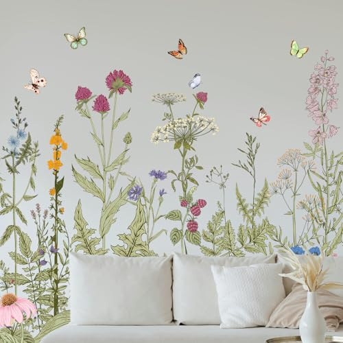 Wandtattoo Blumen, Green Flower Wall Stickers for Living Room, TV Decor | 3 Bögen abziehbare, selbstklebende Fensterbilder mit Wildblumen und Schmetterlingen für Schlafzimmer, Flur und glatte Flächen