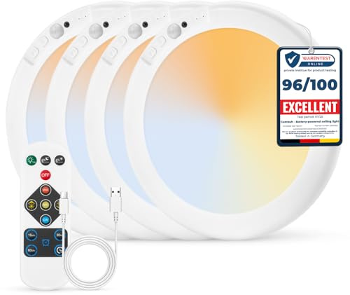 Combuh 4-Pack Battery Powered Motion Sensor Light, 7.48 IP44 Waterproof Shower Lamp Without Wiring, Ultra Thin 3 Colors Adhesive Overhead Lightting for Garage, Bedroom, Kitchen, Portable